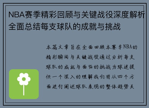 NBA赛季精彩回顾与关键战役深度解析全面总结每支球队的成就与挑战